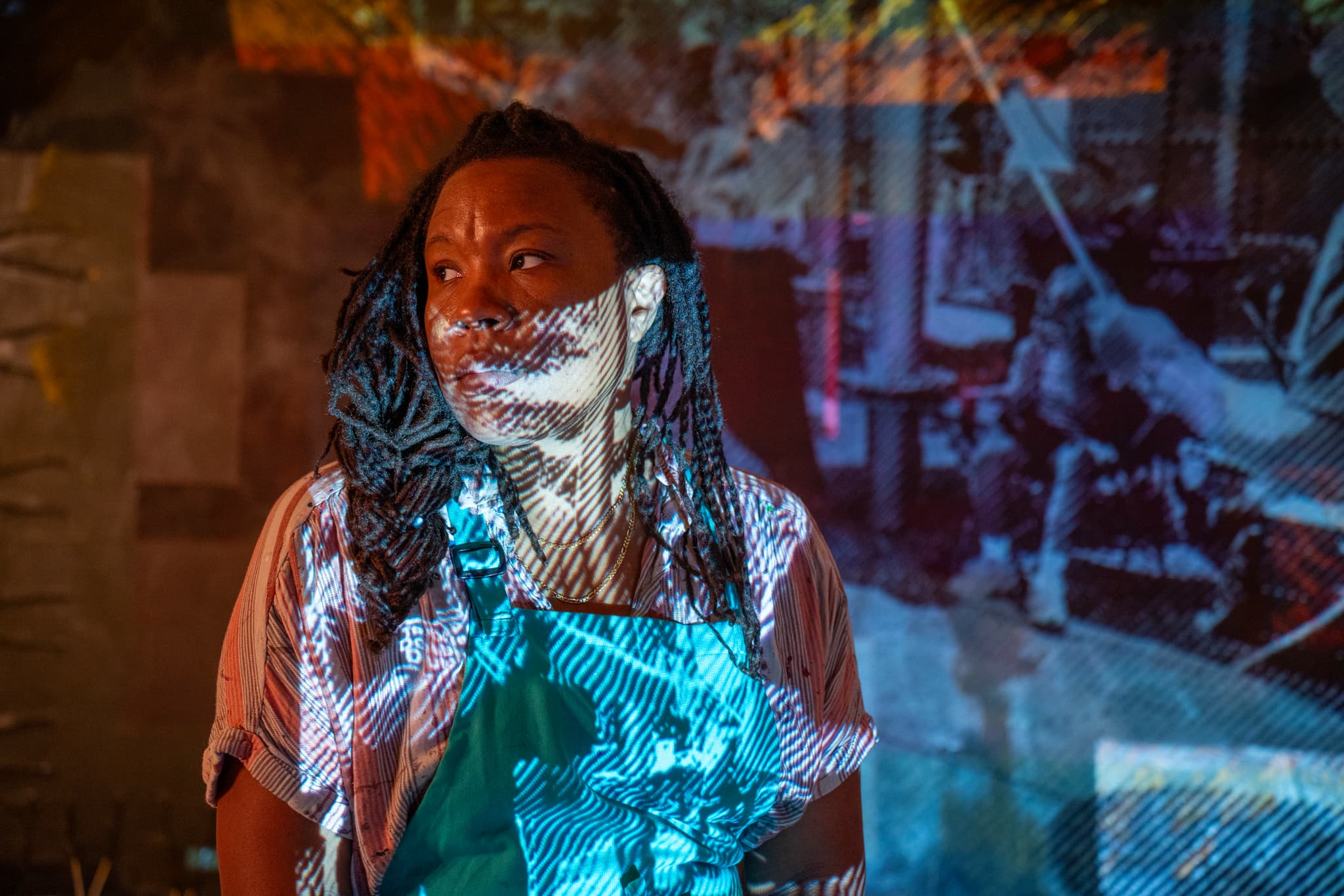 Photograph of artist Tomashi Jackson in her studio.