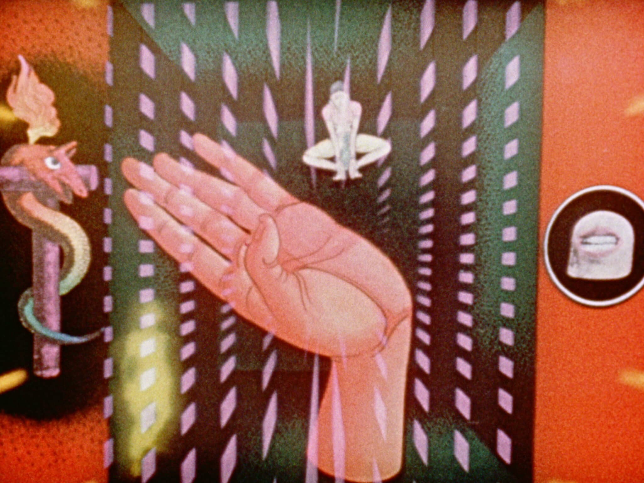 A still from an animation featuring a a hand and floating objects.